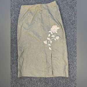 One Clothing vintage Gray Pencil Skirt with Pink  embroidered Rose Design small